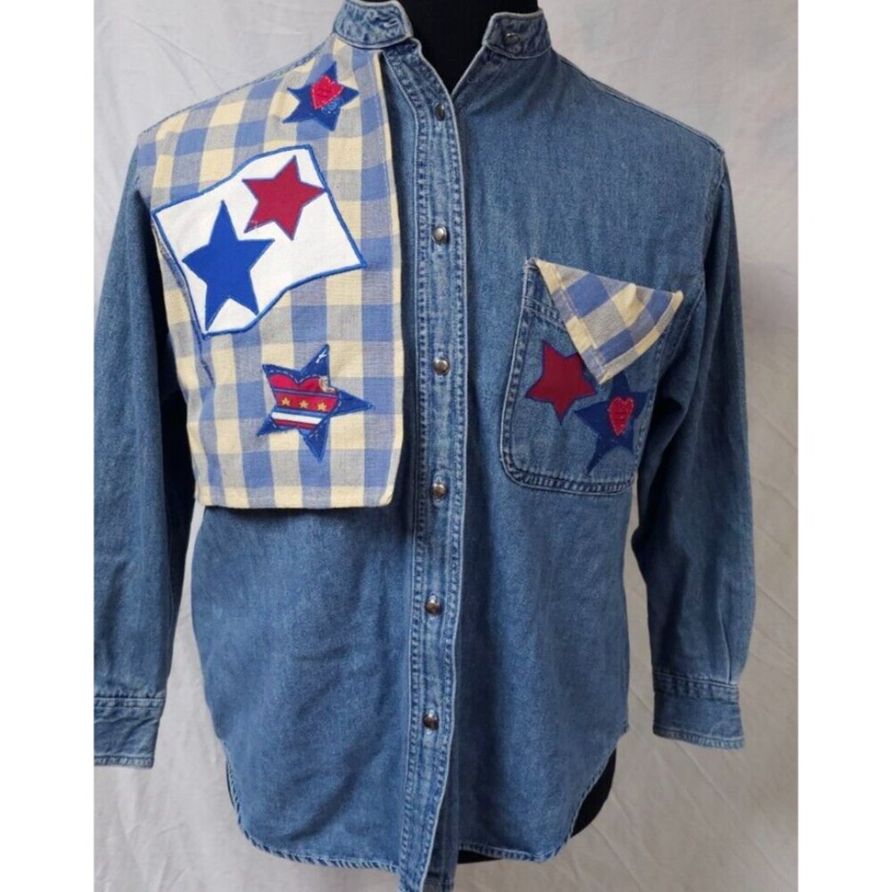 Savannah Petite Womens Small Petite Button Western Stars Patchwork Button Shirt